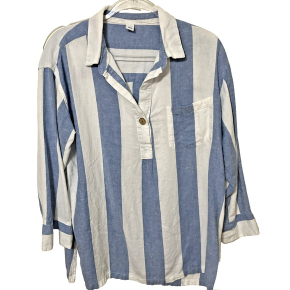 Old Navy Women's Pull Over Top Size Large Blue White Stripe Linen Blend Nautical - Picture 1 of 9